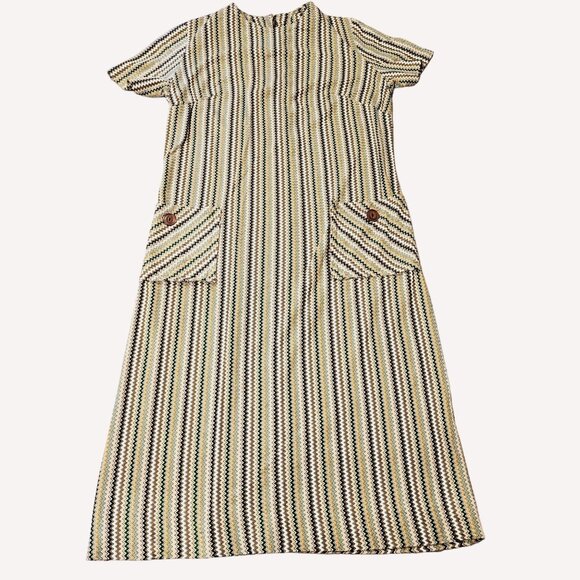Vtg 1970s Zigzag Striped Mod Dress With Pockets & Button Detail Sz Sm READ - Picture 1 of 5